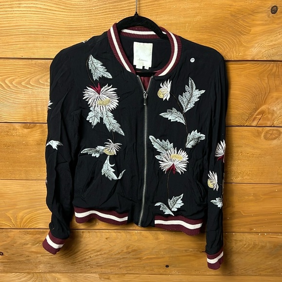 ELEVENSES Embroidered Solstice Floral Bomber Jacket size XS Anthropologie Black - Picture 1 of 13